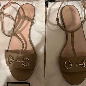 Gucci Tan Leather Sandals with Gold Accents